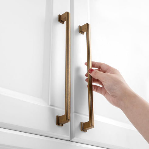 KOOFIZO Stepped Bar Cabinet Pull, Antique Brass Handle, 10 Inch/256mm Screw Spacing for Kitchen Cupboard, Dresser Drawer