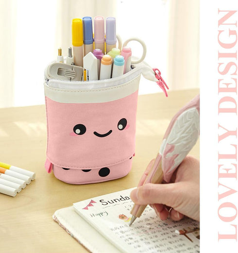 Cute Standing Pencil Case for Kids, Pop Up Pencil Box Makeup Pouch, Christmas Gift Corduroy Organizer (Pink)