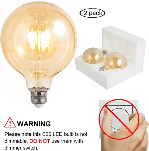 LED Bulbs 60 Watt Equivalent, 2 Pack, 6W G125 LED Globe Bulbs, Antique Vintage Amber, E26 Standard Base