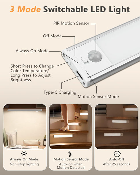 KTTGO Closet 3 Counter Dimmable Under Cabinet Lighting, LED Rechargeable Motion Sensor Lights, Color Temps Under