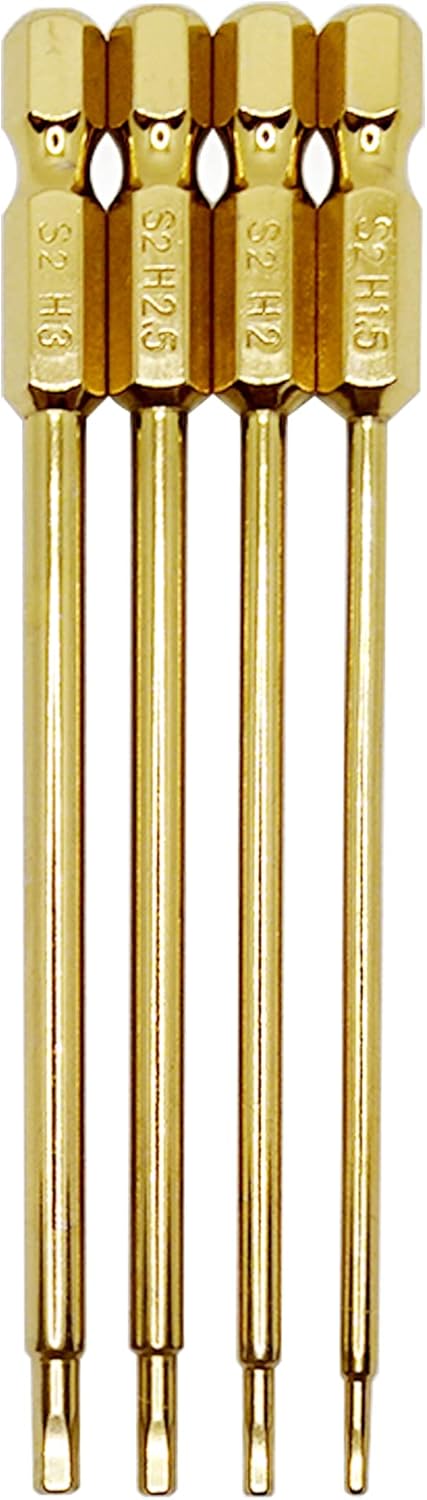 RC Hex Bit Set 1.5, 2.0, 2.5 & 3.0mm Hex Head Allen Wrench Drill Bit S2 Steel 100mm Long 1/4" Hex Shank for Power Drill