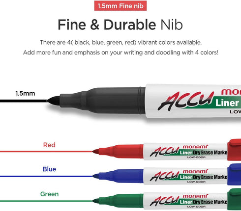 MONAMI Accu Liner Dry Erase Markers, Fine Tip (1.5mm), Low-Odor Black Whiteboard Markers, 12-Count