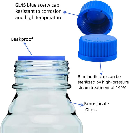500ml Graduated Glass Round Media Storage Bottle with Blue GL45 Screw Cap, Wide Mouth Lab Reagent Bottle