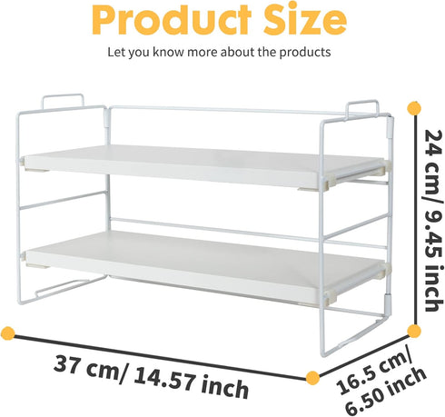 PowerKing 2-Tier Desk Shelf Organizer, Adjustable Bookshelf Storage Rack for Home Office, White Frame + White Wood