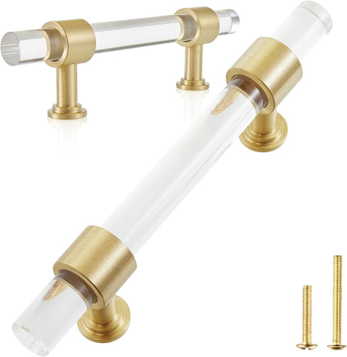 QOGRISUN 2-Pack Gold Modern Acrylic Cabinet Pulls with Brass Base, 3-3/4-inch Hole Center, 5.9-inch Total Length
