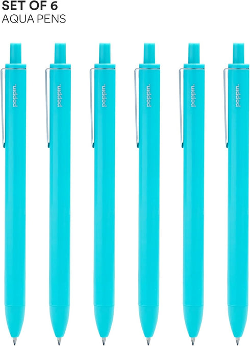 Poppin Retractable Gel Luxe Pens, Aqua, Package of 6, Blue Ink