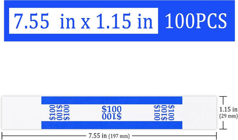 ESSENTIAL 100 7.5 1.15 Inches, ($100 Pcs Currency Straps - Bill Wrappers, x Money Bands to Organize Bills, ABA Standard