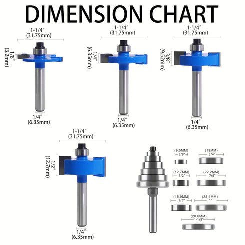 4Pcs 1/4" 6 Set, 1/16", 1/8", 3/16", 1/4", 5/16", 3/8" 1/2" 1/4" MNA Rabbet Router Bits Shank with Bearings Bearings