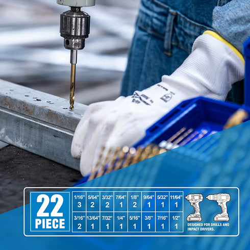 22 Set Set HIGHFIRE Pieces Hex Shank Drill Bit for Impact Driver, HSS Twist Titanium Drill Bits for Metal, Hex Drive