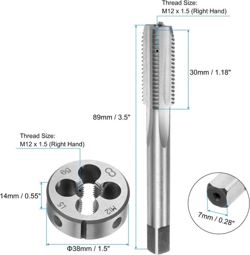 uxcell 3pcs Metric Hand Tap and Die Set, M12 x 1.5 Taper/Plug Thread Taps & Round Die, Hand Threading Tapping Tool Kit for Thread Repair