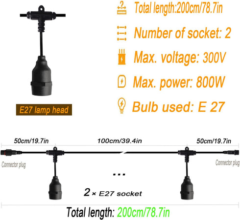Outdoor LED String Lights, 6.6ft Pendant Light Cord with 2 Sockets, Waterproof Reusable Patio Light Kit No Bulb for