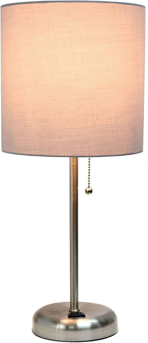 19.5" Oslo Contemporary Bedside Power Outlet Base Standard Metal Table Desk Lamp in Brushed Steel with Gray Drum Fabric