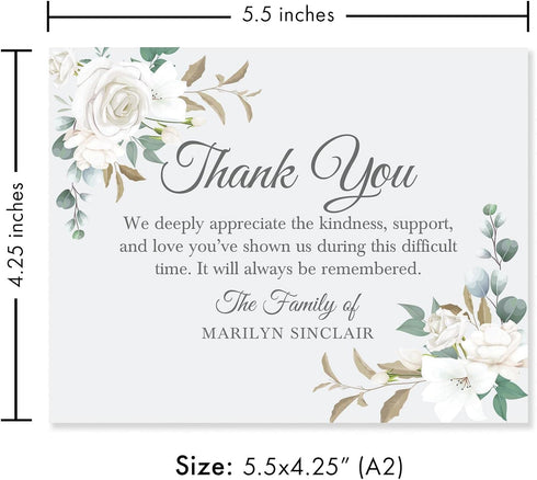 5.5x4.25 White Floral Sympathy Thank You Cards, Funeral Thank You Cards, Personalized Bereavement Notes with Envelopes