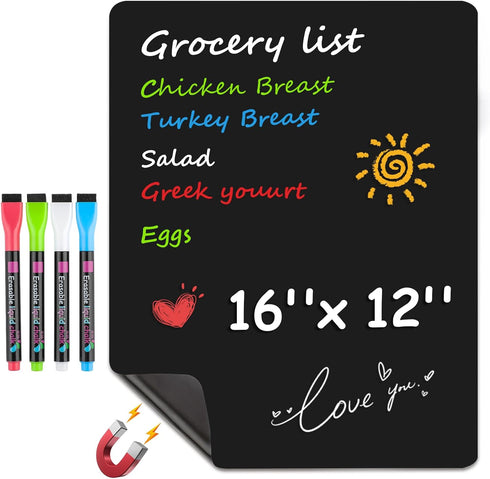 MaxGear Magnetic Black Dry Erase Board Sheet for Refrigerator, 16"x12" Fridge Whiteboard for Kitchen, Family Planner