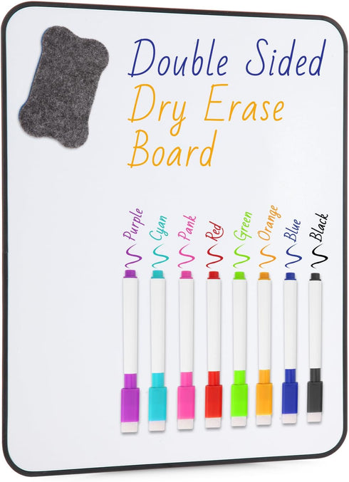 Small Double Sided White Dry Erase Board, 14x11 Inch Mini Board with 8 Markers for Students, Office, Kitchen