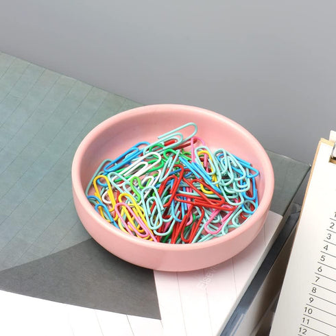 Cute Pink Ceramic Paper Clip Holder, Round Paper Clips Dispenser, Elegant Desk Organizer for Home Office Supplies