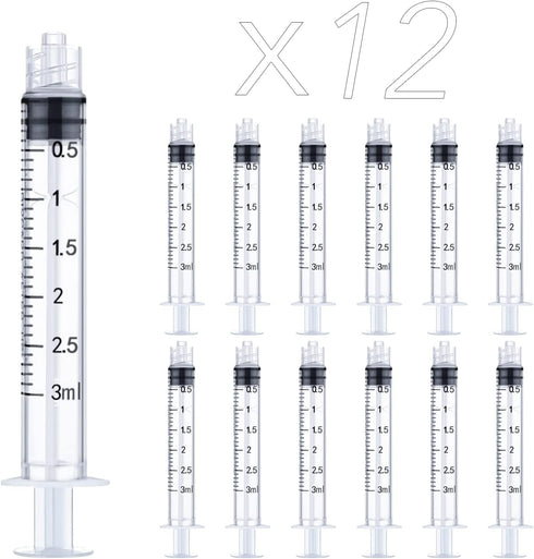 12 Pack 3ml Plastic Luer Lock Syringe, Measuring Syringe Individually Sealed for Scientific Labs, 3ml, 12