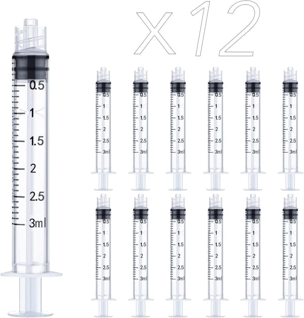 12 Pack 3ml Plastic Luer Lock Syringe, Measuring Syringe Individually Sealed for Scientific Labs, 3ml, 12