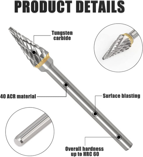 Tungsten Carbide Rotary Burr Die Grinder Bits, Single Cut Grinding Head 10mm with 1/4" Shank for Woodworking