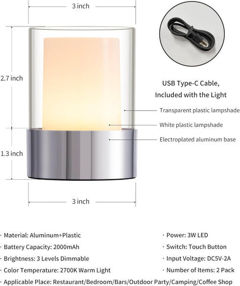 4" inch Set 2 LED Touch Night Light for Nursery Baby Kids of (Chrome), Small Outdoor Waterproof Lamp for Bathroom