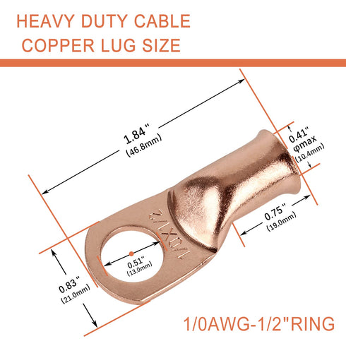 10pcs 1/0 AWG-1/2” Ring Terminals, 0 Gauge Copper Wire Lugs Battery Cable Ends