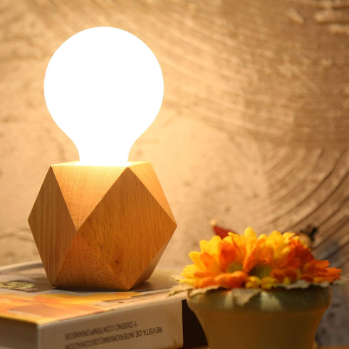 E26 60W Bulb) OuXean Small Wood Table Lamp, Bedside Lamp with Diamond Wooden Base Industrial Night Light Boho Deco