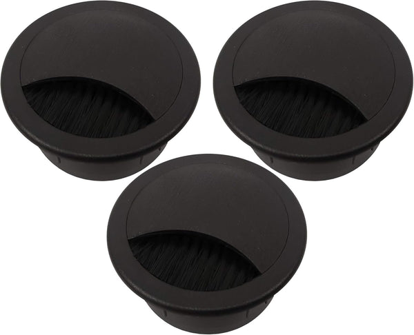 2" Plastic Brush Desk Grommet, Black (3 Pack)