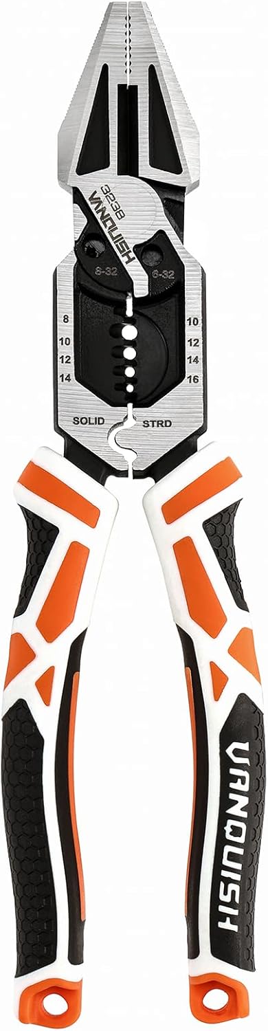 Vanquish 8-in-1 Multifunctional Lineman Pliers, 8 Wire Cutter with Wire Stripper/Crimper Function for Cutting, Clamping