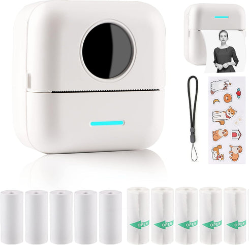 HuiJuKeJi Mini Sticker Printer, Bluetooth Smart Pocket Inkless Thermal Printer with 11 Rolls Thermal Paper for iOS &