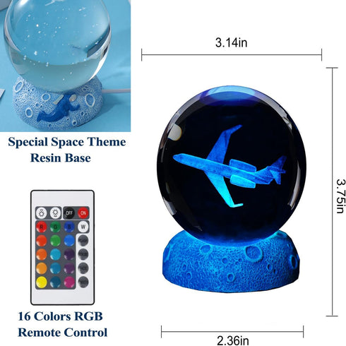 3D 3.15 Inch (80mm) 16 Planes Night Light, Aviation Gifts, Crystal Ball Airplane Night Light with Remote, Pilot Lamps