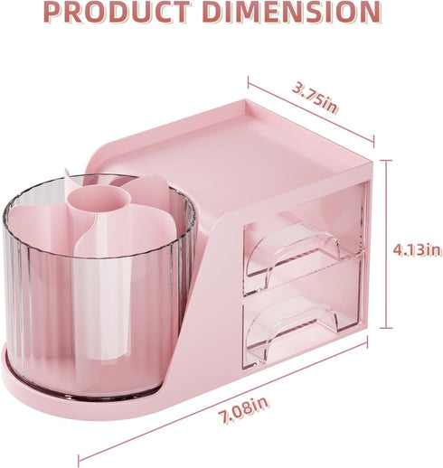 Marbrasse Desk Organizer with 2 Drawer, 360° Rotating Pen Holder, 6 Slots Pencil Organizer + 2 Drawer, Pink