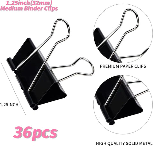 Medium Binder Clips and Paper Clips, 36 Pcs, 1.25 Inch Black Metal for Office, Home, School