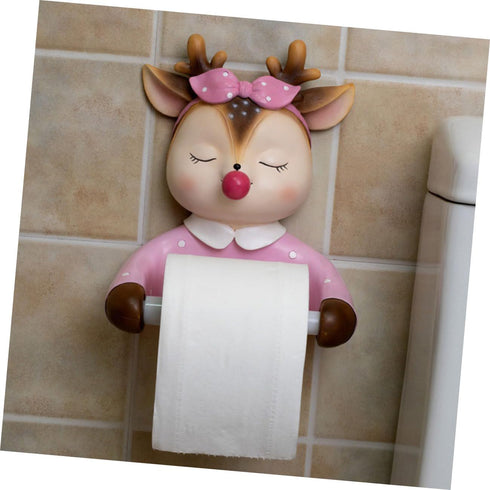 WOONEKY Wall-Mounted Pink Toilet Paper Holder Tissue Storage Rack Cute Deer Design Bathroom Roll Paper Rack