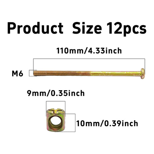 Runseaway 12Pcs M6 110mm Set, x Furniture Bolt and Barrel Nut Zinc Plated Hex Socket Cap Screws & Nuts, Durable