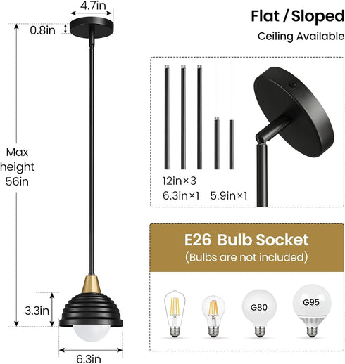 6 Inch Industrial Kitchen Pendant Light Fixtures: Metal Modern Chandelier - Adjustable Farmhouse Black and Gold Pendant