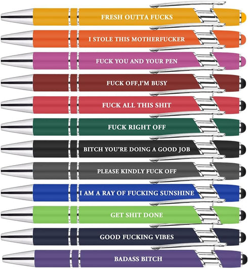 AUAUY 12 PCS Funny Pens, Fun Ballpoint Pen Set With 12 Replacement Refills, 2 in 1 Metal Stylus Pens Stylish Pen, Funny Work Pens for Adults, Funny Office Gifts, Black Ink 1 mm by AUAUY