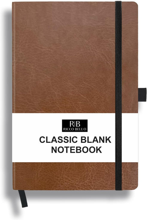 RICCO BELLO Blank Page Hardcover Notebook, 5.7 x 8.4 inches with Lined Writing Guide, Pen Loop, Band Closure, Brown.