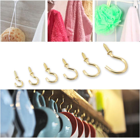120Pcs Metal Screw-in Ceiling Hooks Kit, 6 Sizes, Gold Self-Tapping Cup Hooks for Home/Workplace/Office