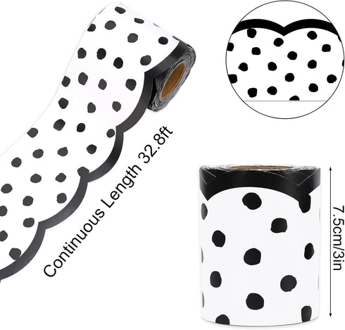 Whaline 65.6ft Dot Bulletin Board Borders White Black Dot Die-Cut Rolled Border Trim for School Classroom Office Chalkboard Decoration, 2 Rolls by Whaline