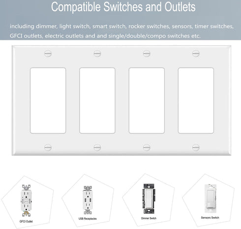 4-Gang Switch Outlet Wall Plate Cover, Decorator Electrical Faceplate for Light Switch, White (6-Pack)