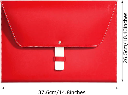 PU Leather A4 File Folder, Large Document Holder, Waterproof Envelope Case with Handmade Closure, Red