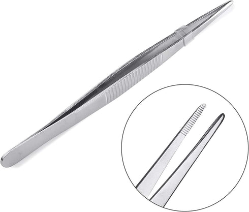 Long Forceps Tweezers, Precision Curved Science Surgical Tongs, Serrated Bent Tweezers with Knurled Handles (1PCS)