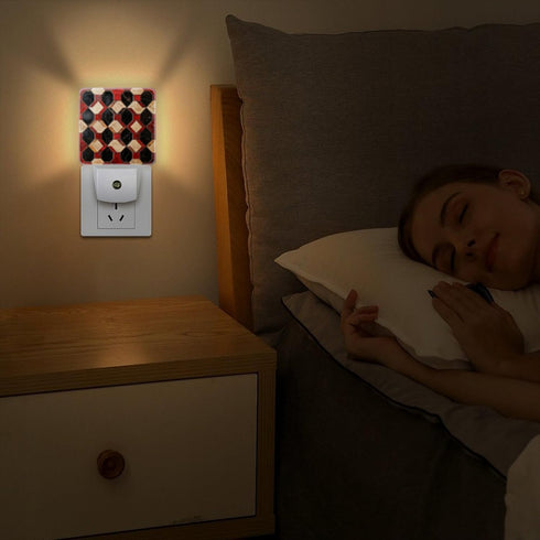 Square LED Night Lights Lamp with Dusk to Dawn Sensor, Vintage Floor Tiles in Black, Red and Beige Night Light Plug