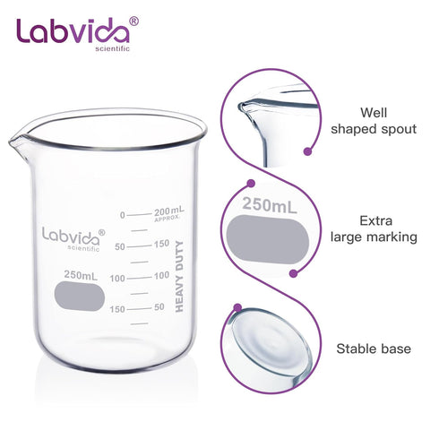 4pcs 250ml Upgraded Thick Glass Beakers, Griffin Low Form Beaker Set with Double Scale