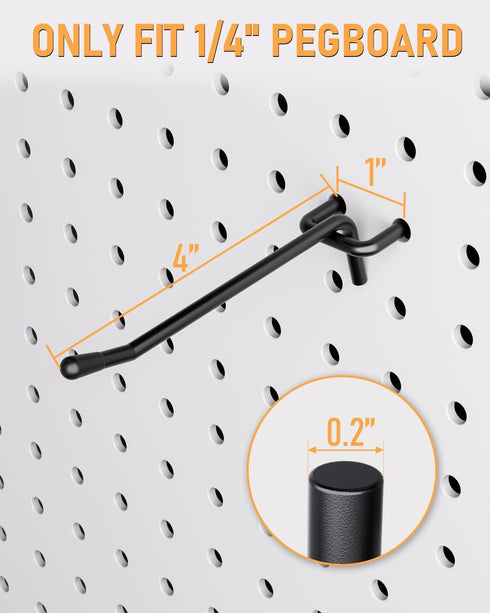 INCLY 60 Pack 4 Inch Black Heavy Duty Pegboard Hooks, 1/4" Accessories for Garage, Craft Organizing, Kitchen