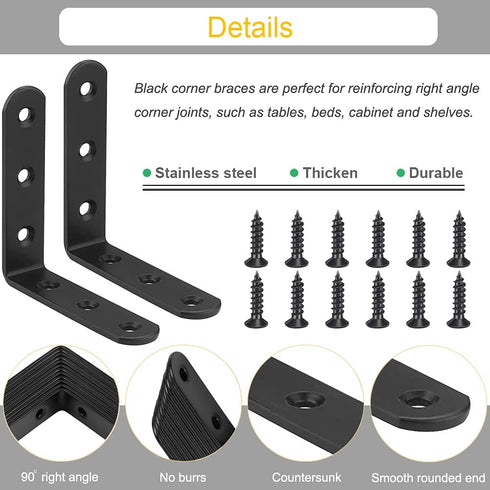 10Pcs 4 Inch 90 Black L Bracket Corner Braces Stainless Steel Heavy Duty Shelf Bracket for Wood, Shelves, Wall Hanging