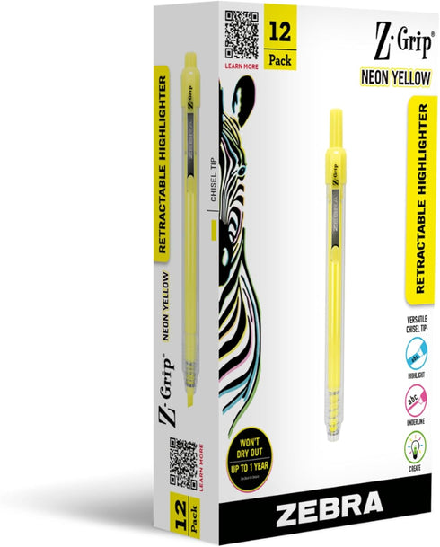 Zebra Pen Z-Grip Retractable Highlighter Marker Set, Chisel Tip, Neon Yellow, 12-Pack