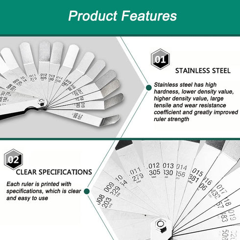 Stainless Steel Feeler Gauge - Dual Reading Combination Gap Thickness Measure Inch & Metric 0.127-0.508mm / 0.005