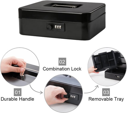 9.84" 7.87" 3.54", Decaller Large Cash Box with Combination Lock, Metal Money Box with Removable Tray, x x Black