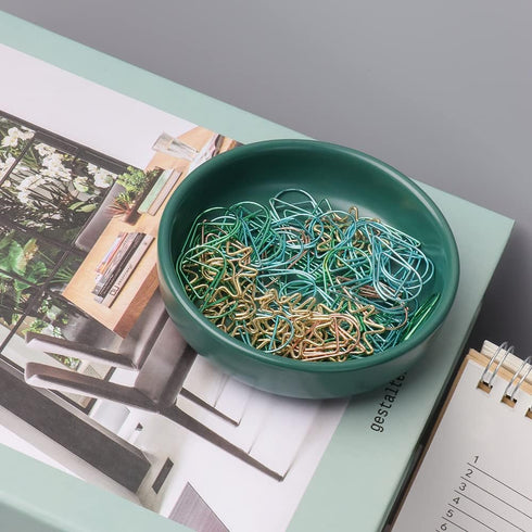Small Ceramic Paperclip Holder for Desk, Round Push Pin Organizer, Macaron Dark Green Storage Plate